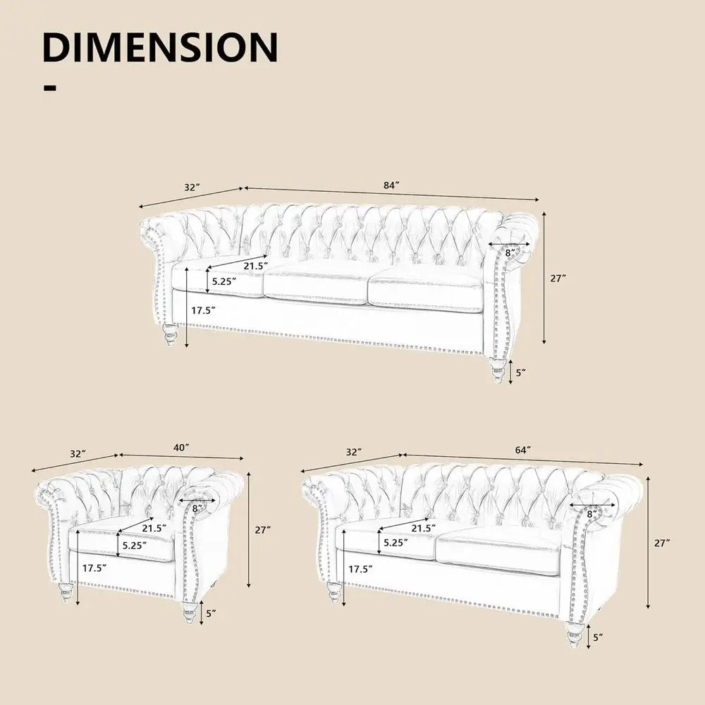 84" Chesterfield Sofa 3-Seater, Classic Roll Arm PU Leather Couch with Button Tufted Back, Stain Resistant