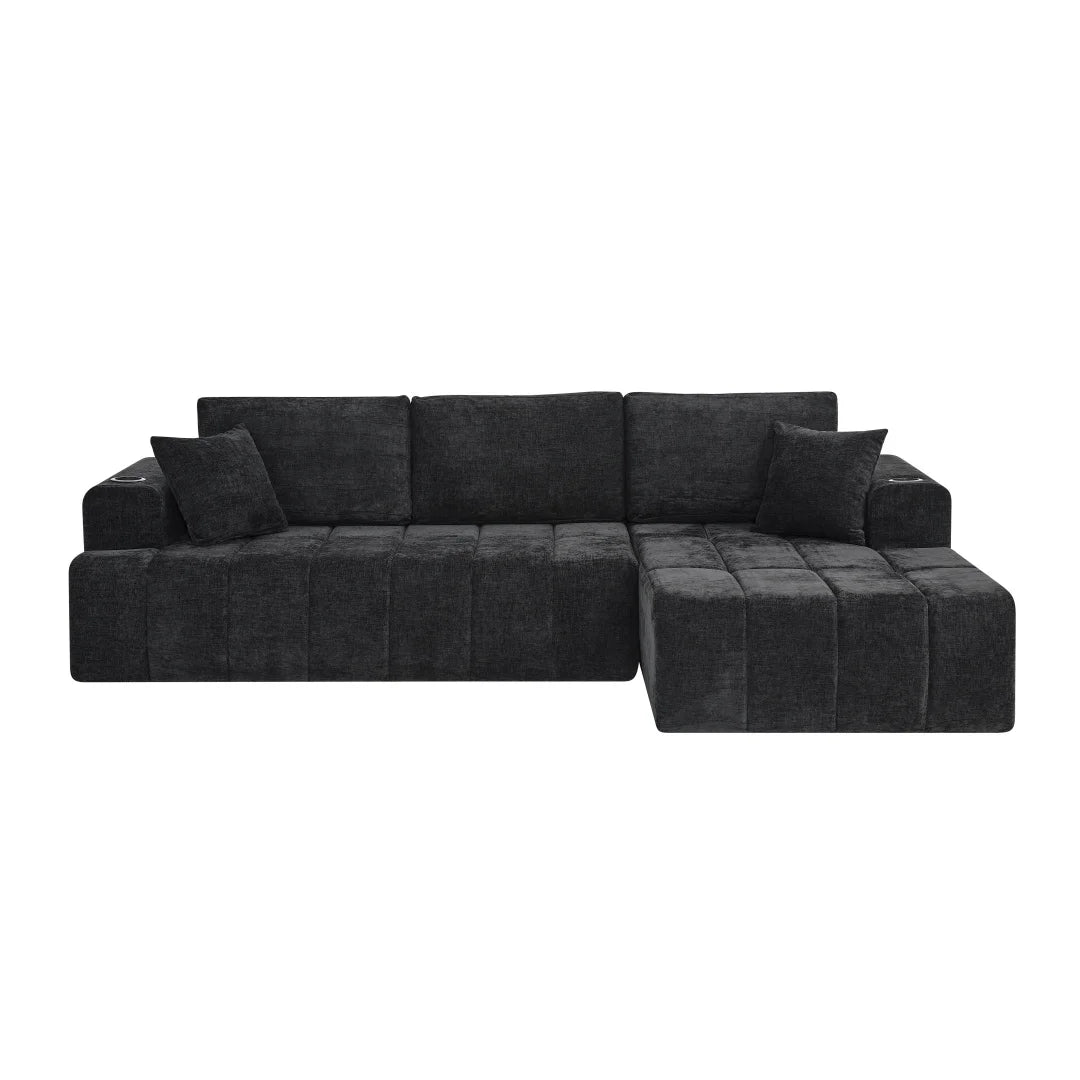 108" L-Shaped Chenille Sectional Sofa, Cloud Couch Sleeper Bed with Cup Holders & Side Pockets, Boneless Living Room Furniture, No Assembly, Black