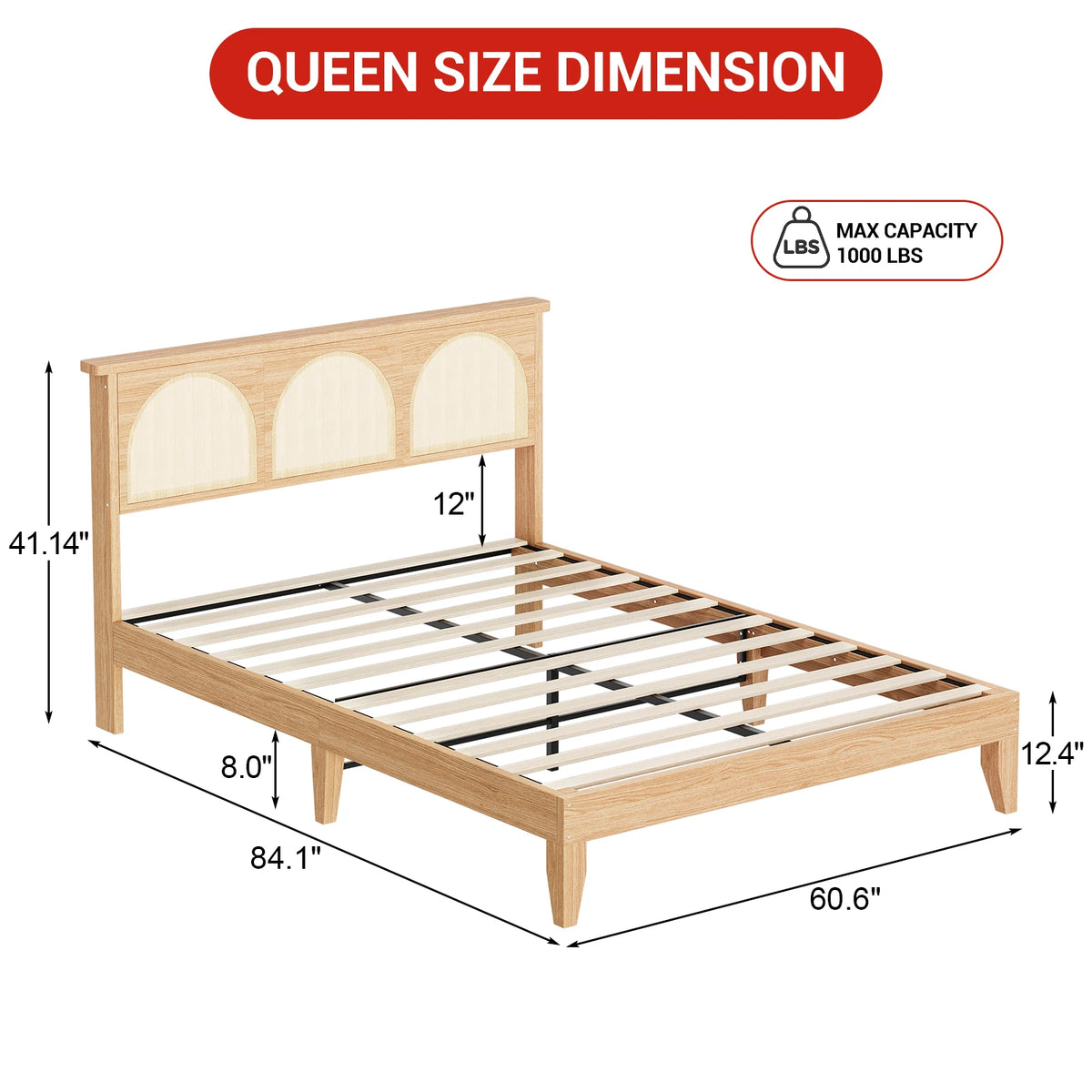 Modern Queen Platform Bed Frame with Natural Rattan Headboard, LED Lighting, 8" Storage, Sturdy Wooden Slats, Noise-Free Design, Easy Assembly, No Box Refresh Required