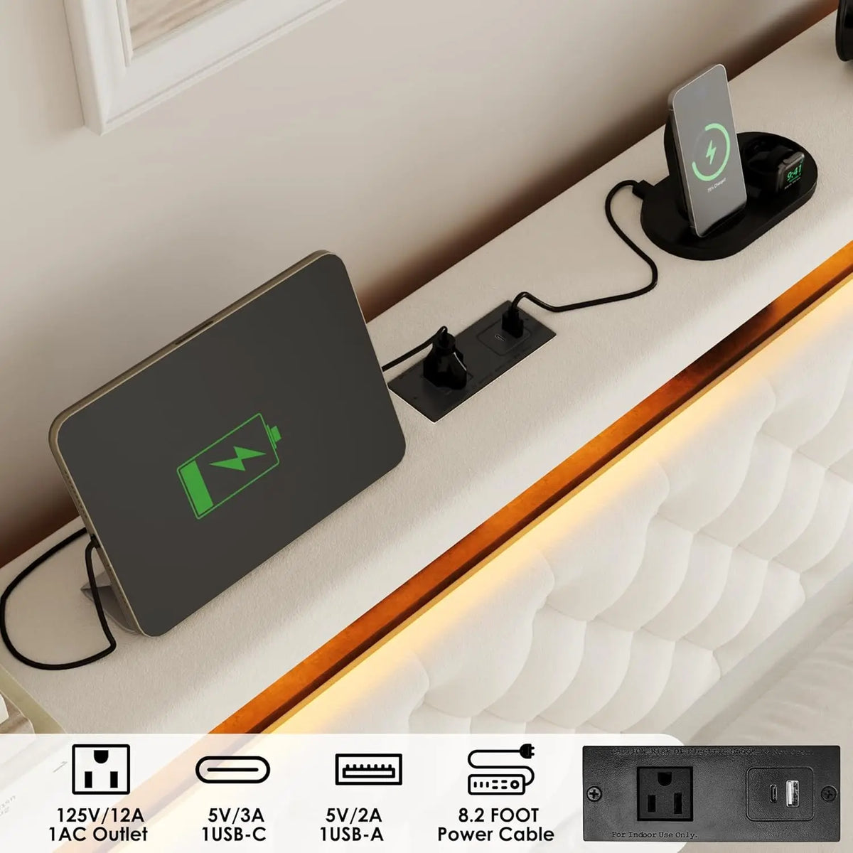 Queen LED Storage Bed Frame USB Charging Velvet Upholstered 2 Drawers Tufted Headboard No Box Spring, Customized