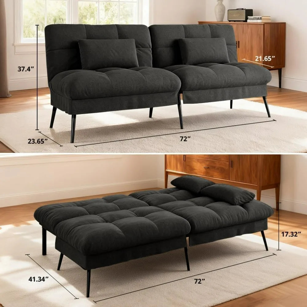 72 Inch Futon Sofa Bed - Fabric Convertible Couch Adjustable Backrest Folding Sleeper Recliner for Living Room Black