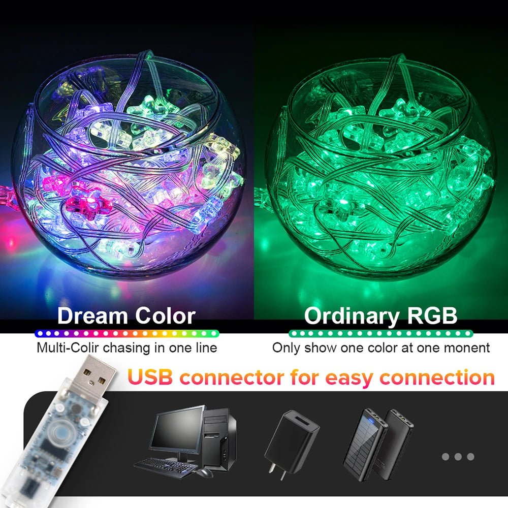 USB Christmas Lights String WS2812B RGB Dream Color Birthday Decoration Party Star Strawberry Lights Room USB App Remote Light