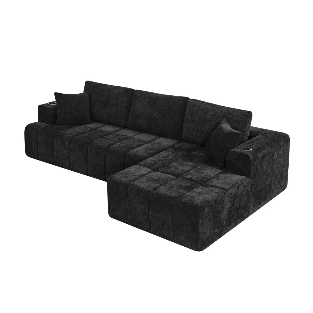 108" L-Shaped Chenille Sectional Sofa, Cloud Couch Sleeper Bed with Cup Holders & Side Pockets, Boneless Living Room Furniture, No Assembly, Black