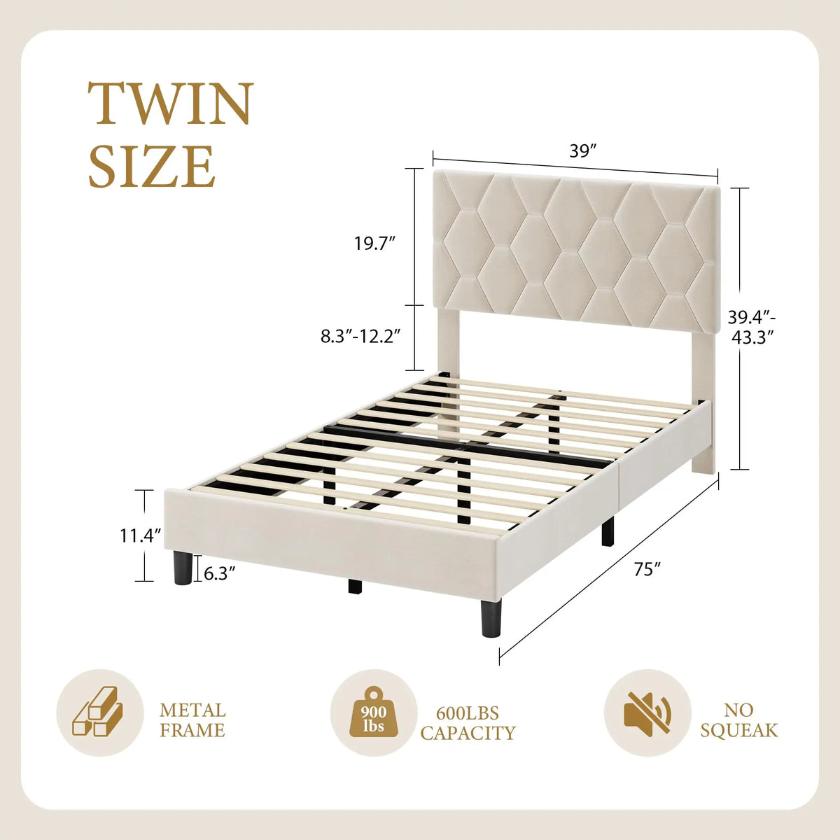 Upholstered Platform Bed with Padded Headboard - Sturdy Wooden Slats - No Box Spring - Silent Non-Slip Base - Easy Assembly - Grey/Beige