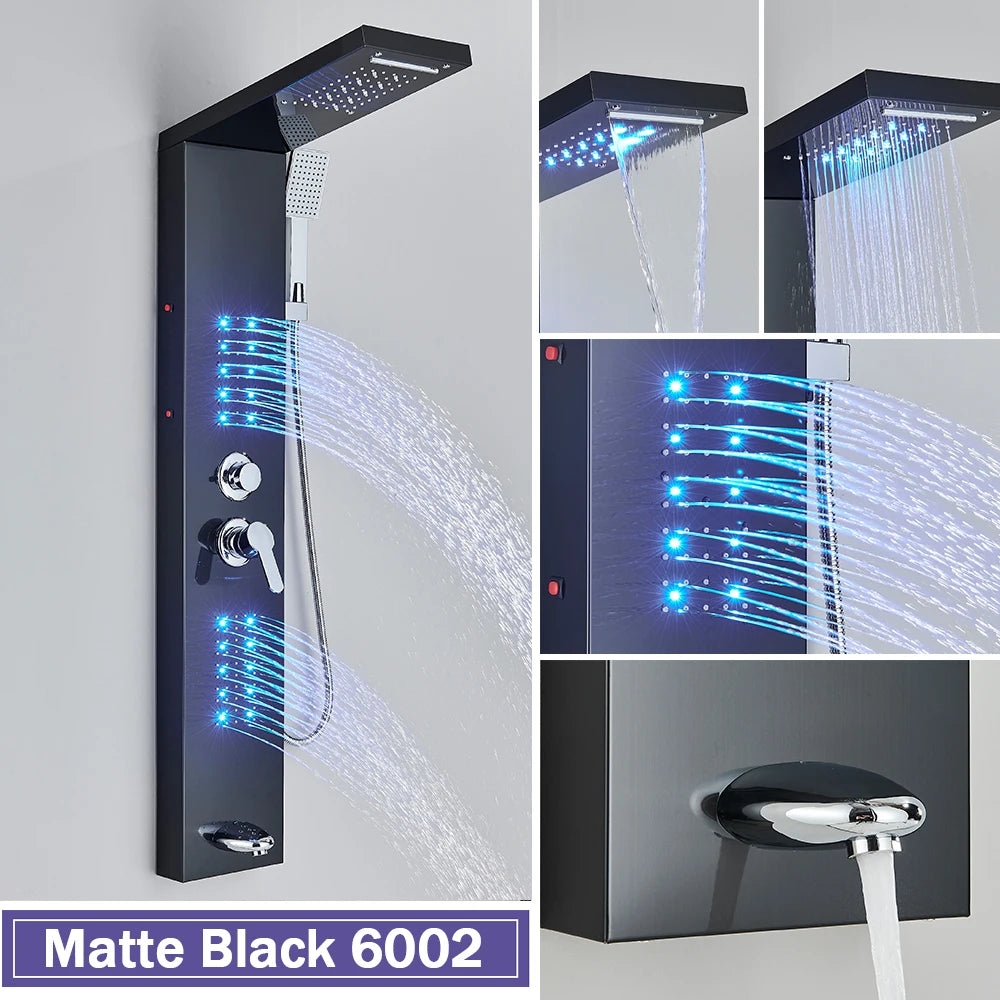 Black Shower Column LED Rainfall Bathroom Faucet with Massage Jet Bath Panel System  5 Modes Waterfall Hot Cold Mixer Tap