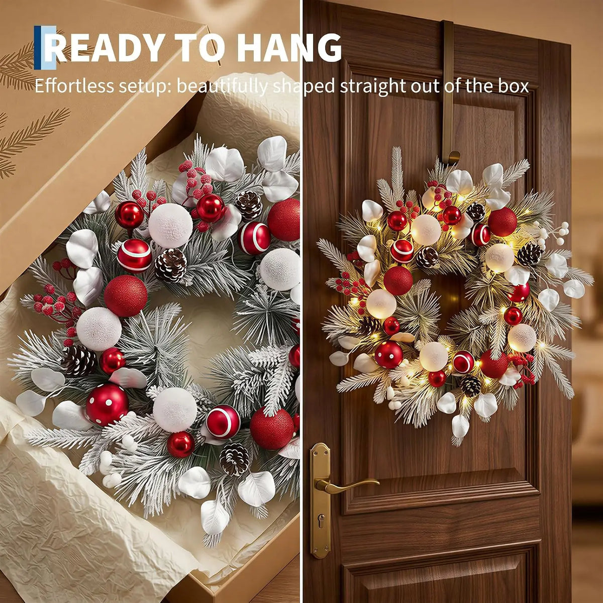 24inch Christmas Wreath Velvet Ball 20 Heads 8-Function Lights Timer LED PVC Simulated Retro Style Home Decoration, Suitable for: Front Door, Window Wall Decor Wreath Velvet Ball 20 Heads 8-Function Lights Timer LED PVC