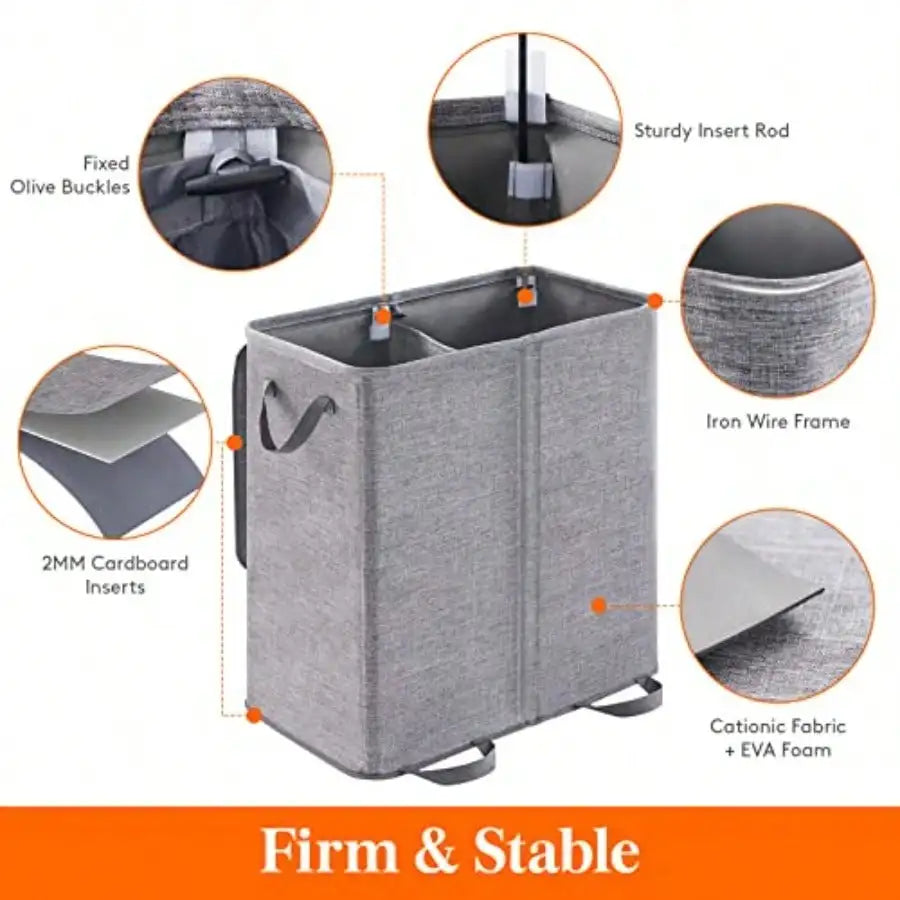 Double Laundry Hamper With Lid And Removable Laundry Bags Large Collapsible 2 Dividers Dirty Clothes Basket With Handles 136L Gray