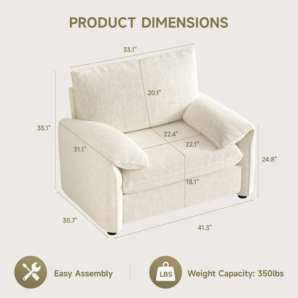 Oversized Plush Chenille Accent Chair - High Back Reading Armchair with Thick Padded Cushion, Modern Living Room Bedroom Lounge Chair