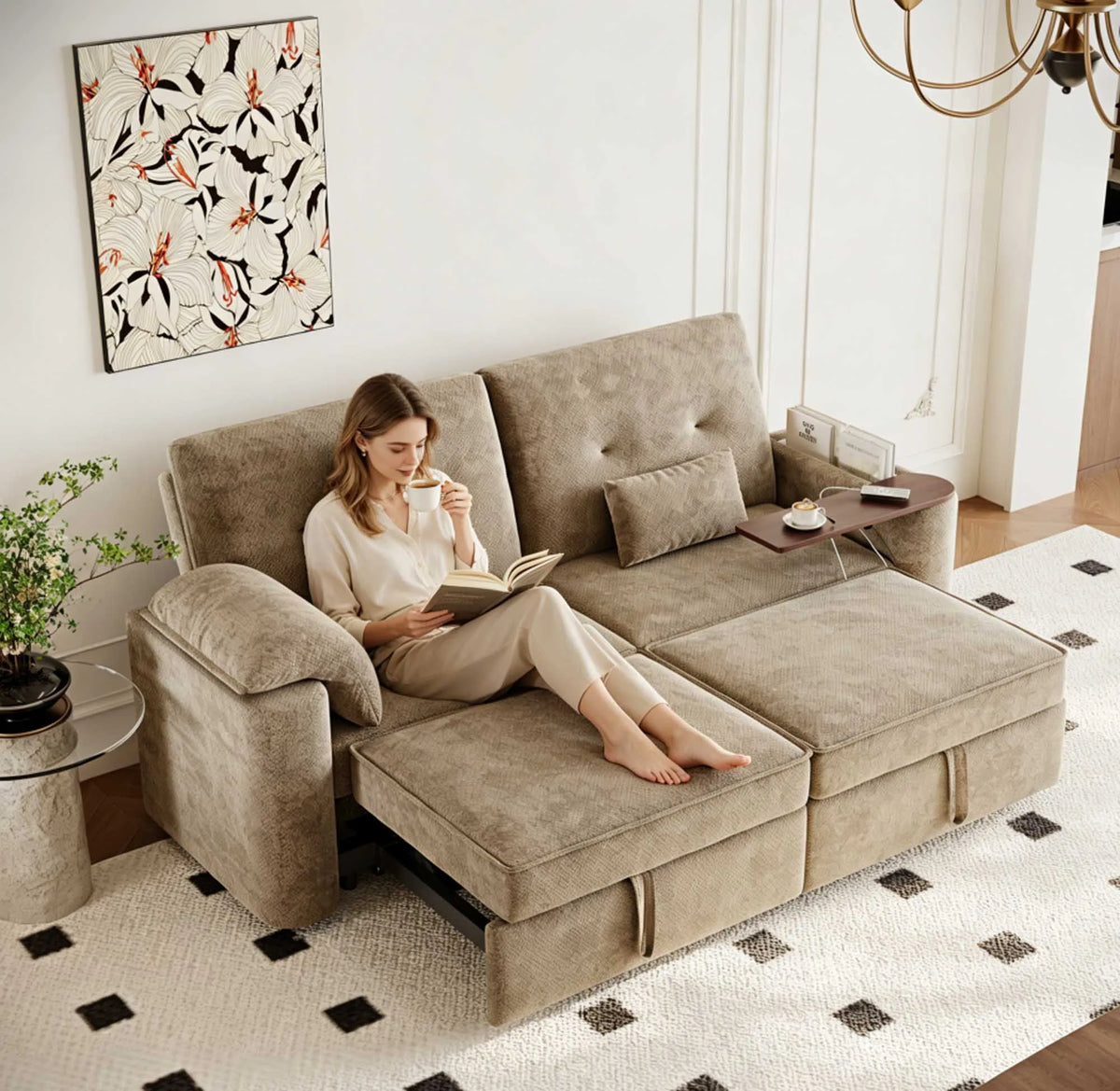 82" 3-in-1 Folding Convertible Sofa Bed with 270° Swivel Side Table, Pullout Sleeper Couch with USB Charging, Modern Chenille Fabric Sofa for Living Room, Khaki