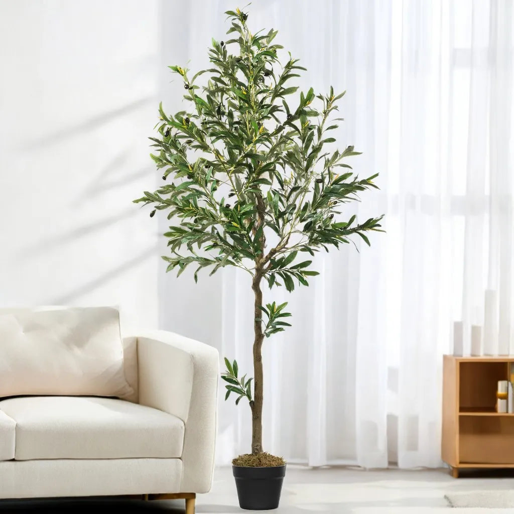 5/6/7/8 Olive Trees Artificial Indoor Faux Olive Tree with Black Pot Silk Fake Plant with Natural Wood Trunk and Lifelike Fruits for Home Office Decor