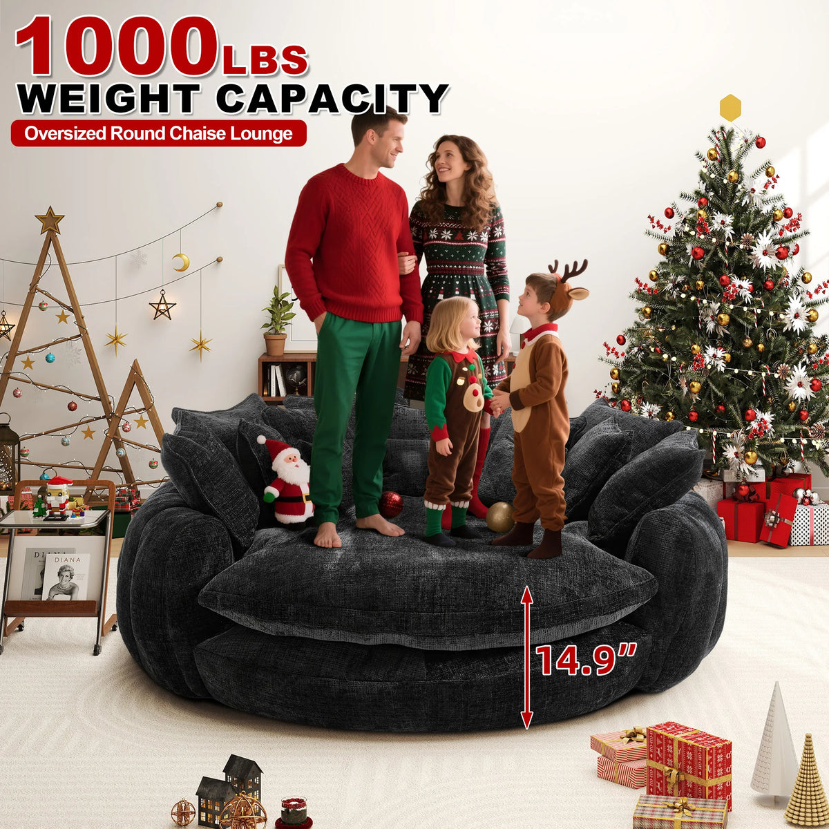 81.1" Oversized Round Chaise Lounge Sofa Bed, Chenille Fabric Circle Cloud Couch with 14 Pillows and Backrest, No Assembly Required Modern Sofa for Living Room, Black