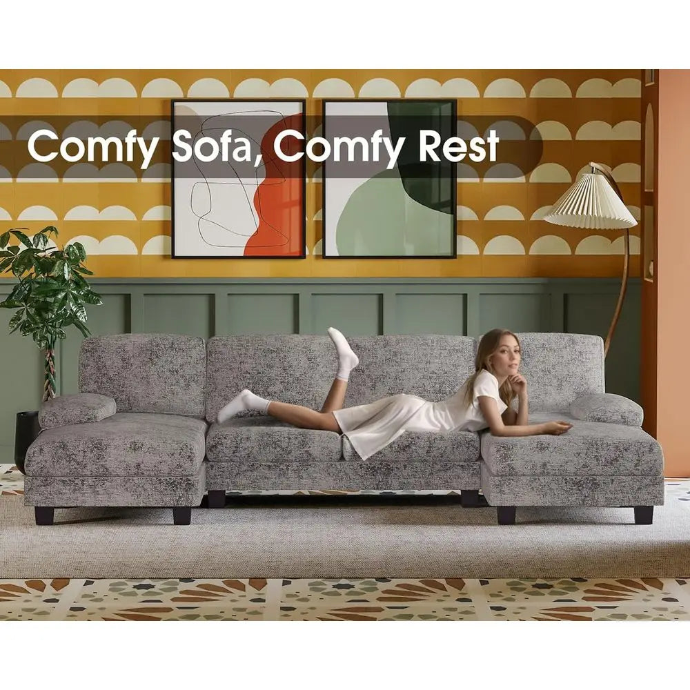 Sectional Couches for Living Room, U-Shaped Sofa Couch with Linen fabric, 4 Seat Sofa Set with Double Chaise