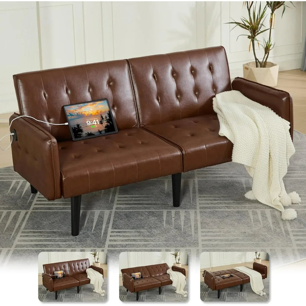 65" Brown Faux Leather Futon Sofa Bed Convertible Sleeper Loveseat 2 USB Ports Tufted Adjustable Folding Couch Space