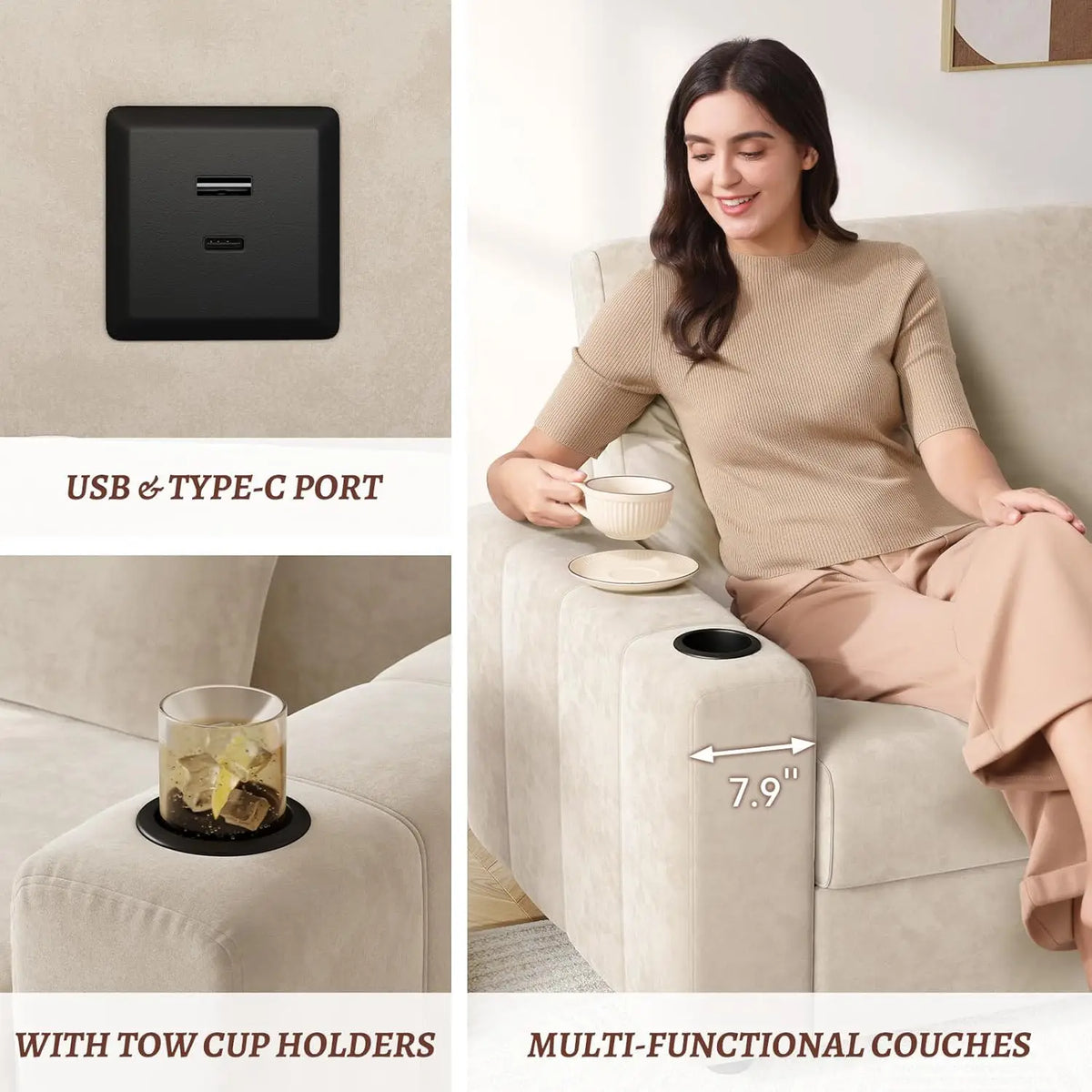 75/88 Inch Loveseat Sofa, Velvet Fabric Couch with Storage, Cup Holder, Charging Ports, Heightened Backrests, Removable Cover