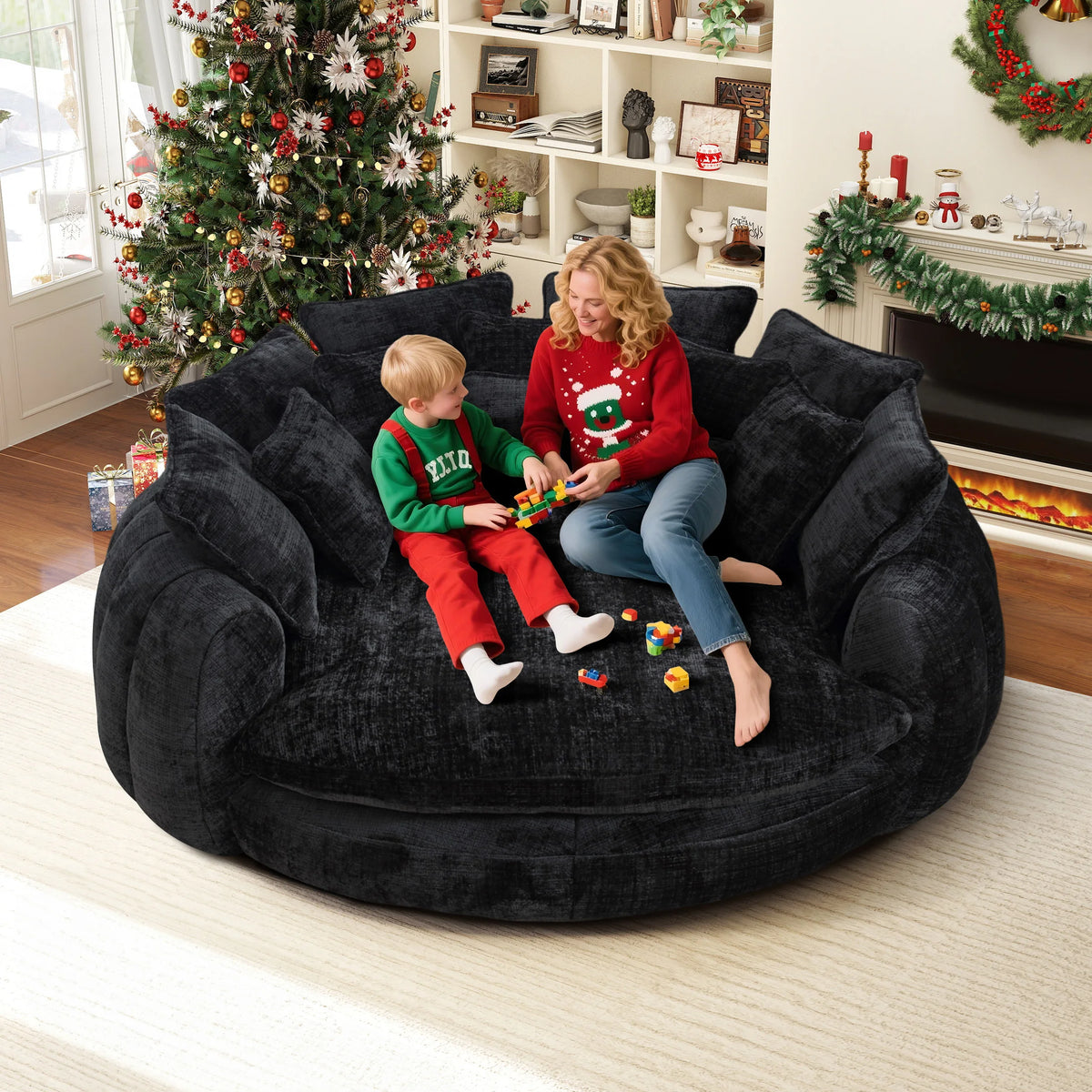 81.1" Oversized Round Chaise Lounge Sofa Bed, Chenille Fabric Circle Cloud Couch with 14 Pillows and Backrest, No Assembly Required Modern Sofa for Living Room, Black