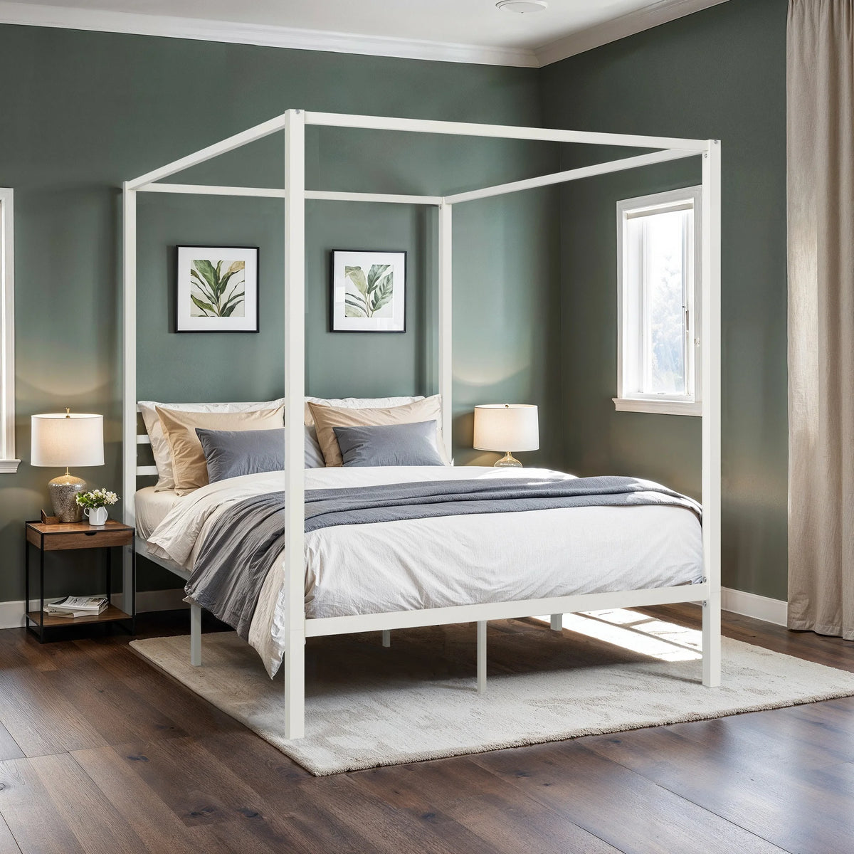 Canopy Bed Frame, Enhanced 4-Poster, 3-Metal Crossbar, No Box Spring Needed, Easy Assembly