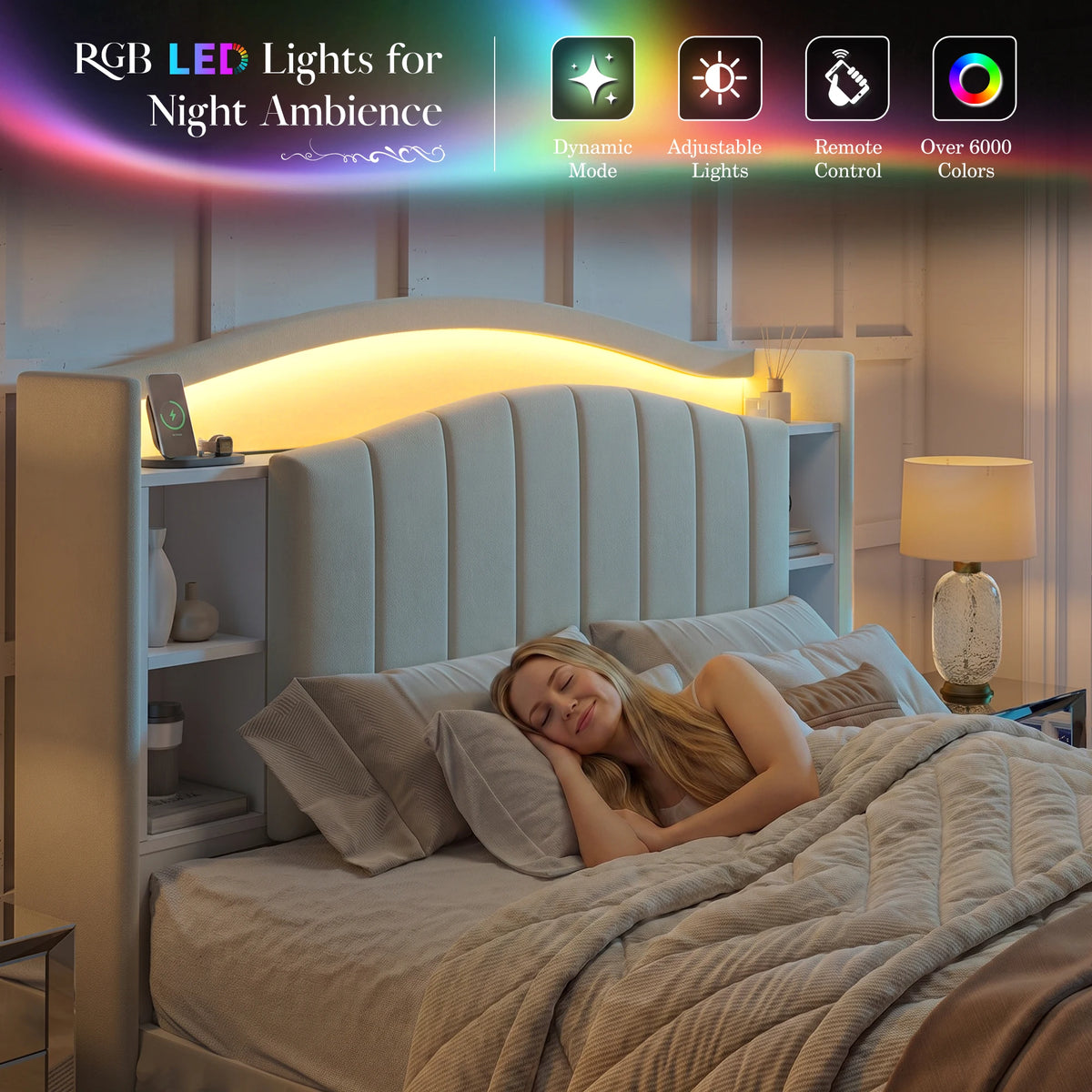 Bed Frame with Bookcase Headboard & Hidden-Cubby Platform Bed Frame with Bed Skirt Design, LED Lights & Charging Station, 14-Inch Under Bed Storage, Noise-Free