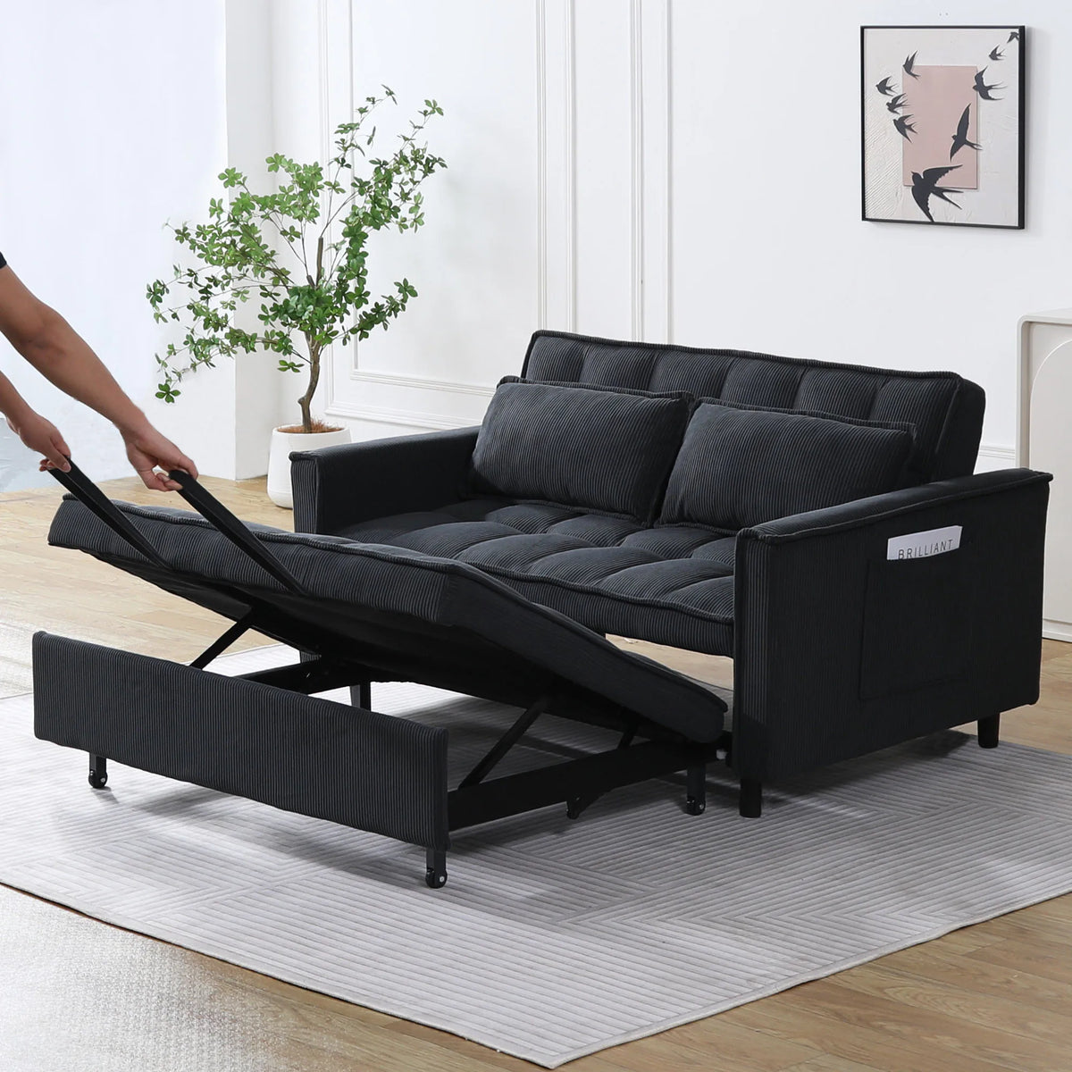 55.1" Corduroy Convertible Sleeper Sofa Bed, Pull Out 2-Seater Loveseat Couch with Side Storage Pocket & Throw Pillows, Compact Upholstered Sofa for Small Apartment Living Room Bedroom