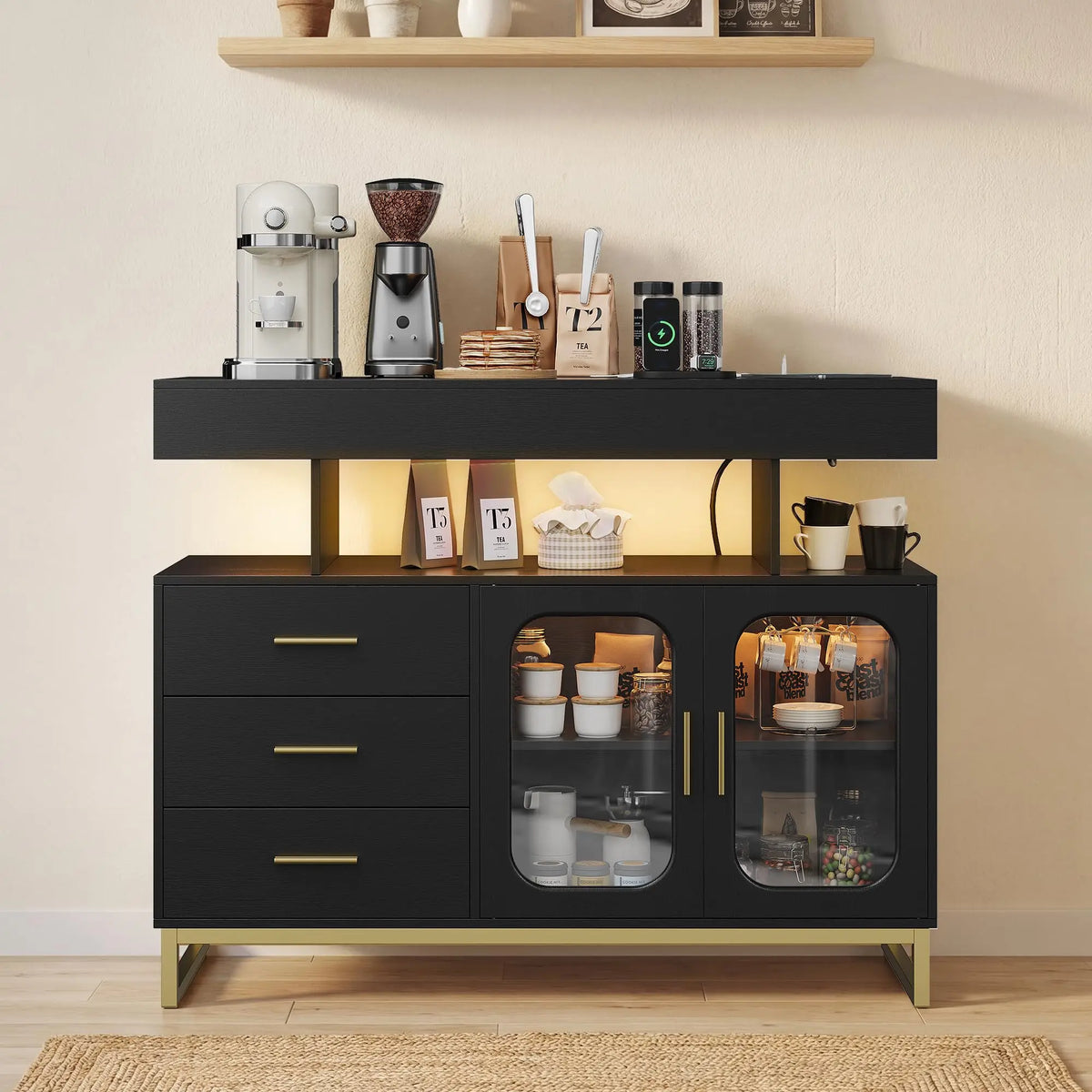 40 Inch Sideboard Buffet Cabinet With RGB LED Lights, Charging Station, 3 Drawers And 2 Doors, Coffee Bar Storage For Kitchen Living Room