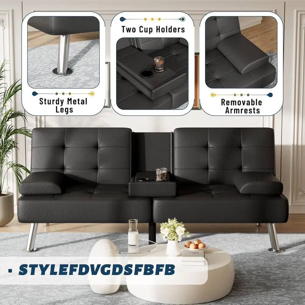 Sofa Bed Adjustable Couch Sleeper Soa Bed or Living Room, Business Office, Recliner Sofas with Cup Holders (PU Leather, Black)