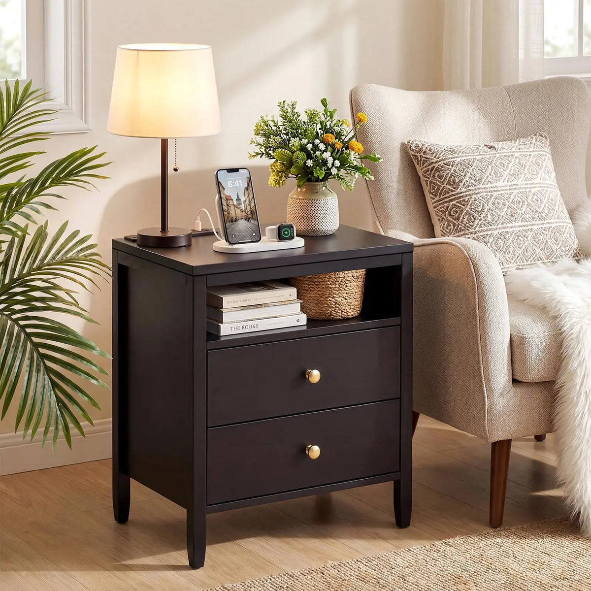 Farmhouse Nightstand Set Of 2 With Charging Station