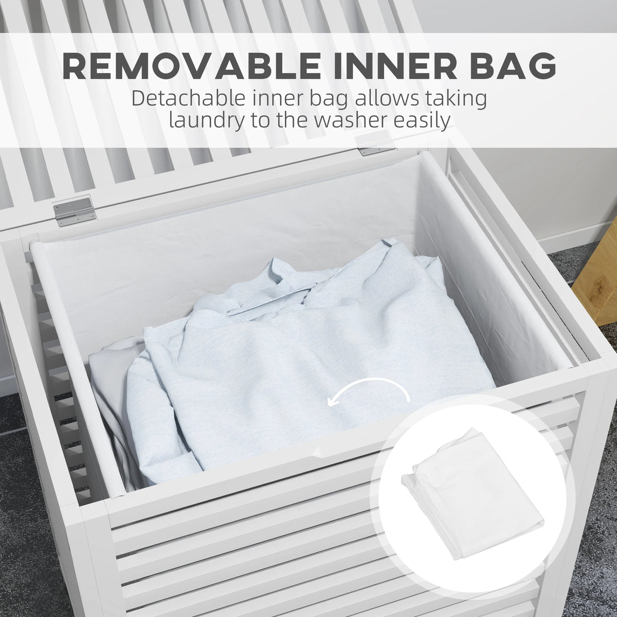 Bamboo Laundry Hamper with Lid, Laundry Basket with Removable Liner Bag, Dirty Clothes Hamper, 19.75 x 14.25 x 23.5 Inches, White