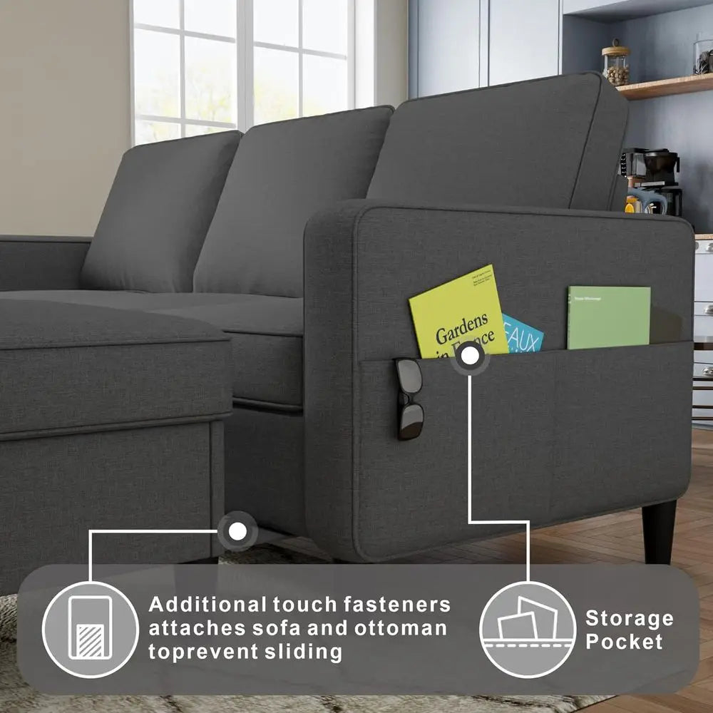 Sectional Sofa Couches for Living Room, Grey 3 Seat L-Shaped Couch with Storage Ottoman, Comfy Linen Convertible Sectionals Sofas