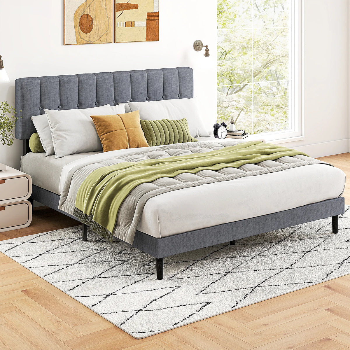Basic Fabric Upholstered Bed Frame Platform Bed with Headboard 530LBS Sturdy Wooden Slats Support Easy Assembly Noise Free