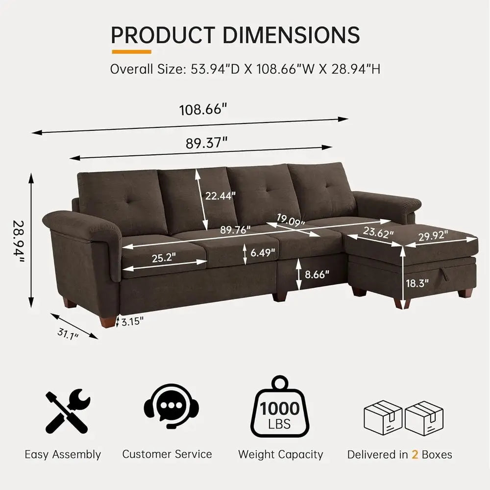 Convertible Sectional Sofa with Storage, 4 Seat L Shaped Couch with Chaise and Cup Holder, Microfiber Fabric