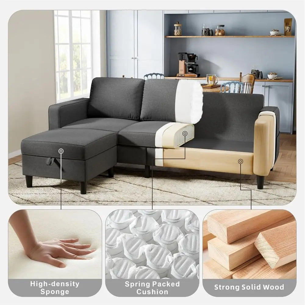 Sectional Sofa Couches for Living Room, Grey 3 Seat L-Shaped Couch with Storage Ottoman, Comfy Linen Convertible Sectionals Sofas