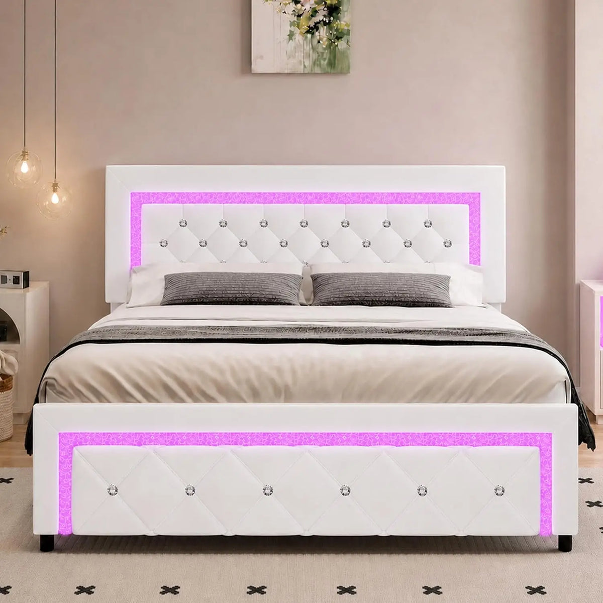 Queen Bed Frame LED Diamond Tufted Headboard Black, Customized